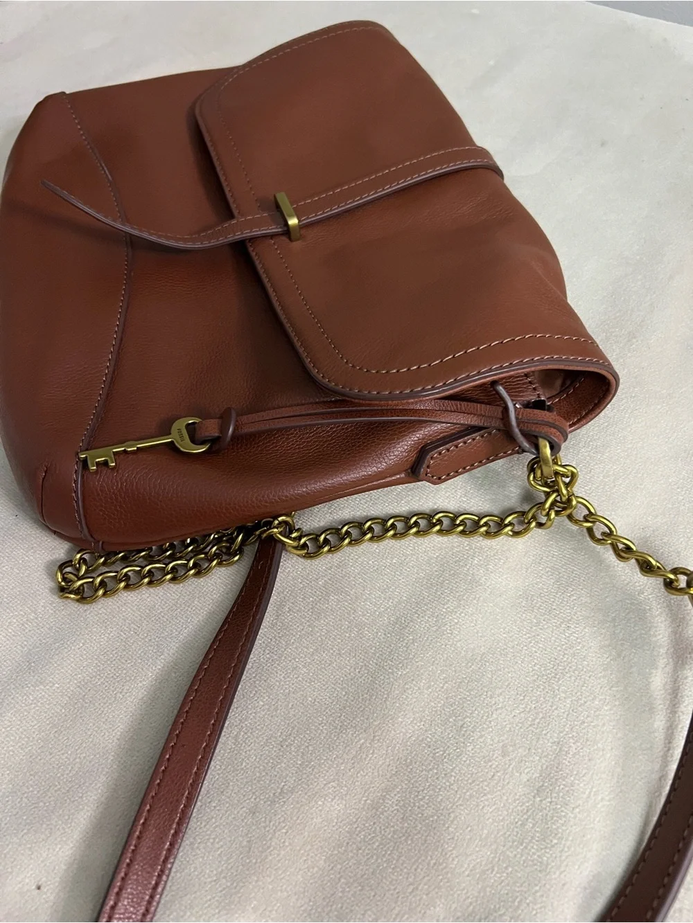 🤎 Fossil SHB2846 Cognac Leather Chain Shoulder Crossbody Bag Brass Key